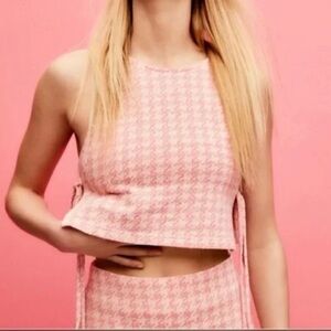 NWT Zara Pink Houndstooth Tie Crop Top with Bralette Size XS